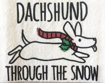 Dachshund Through The Snow - Embroiderd Christmas Tea Towel