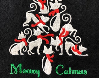 Meowy Catmas - Embroidered Tea Towel