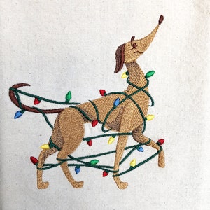 Greyhound Christmas Gift for Women, Embroidered Christmas tea towel, Dog Lover Gift Tangled Up In Lights
