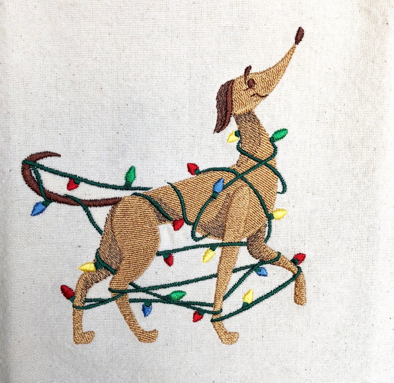 Greyhound Christmas Gift for Women, Embroidered Christmas tea towel, Dog Lover Gift Tangled Up In Lights