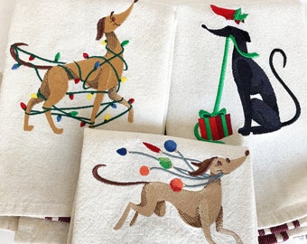 Greyhound Christmas Gift for Women, Embroidered Christmas tea towel, Dog Lover Gift