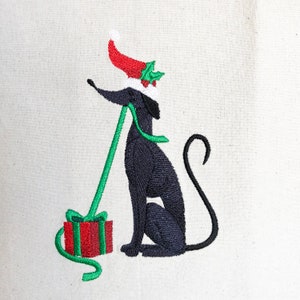 Greyhound Christmas Gift for Women, Embroidered Christmas tea towel, Dog Lover Gift Opening The Present