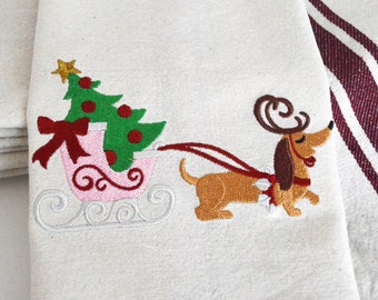 Dachshund Pulling A Sleigh - Embroidered Christmas Tea Towel