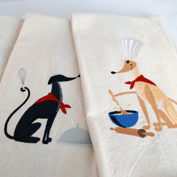 Embroidered Greyhound Tea Towel: Chef Dog Kitchen Decor