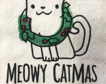 Meowy Catmas - Embroidered Tea Towel