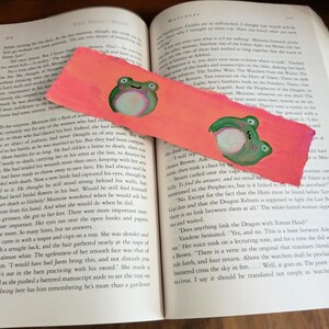 Pink Frog Painted Bookmark Designed by Kid for Kids Art by Kids Green Frogs Pink Background