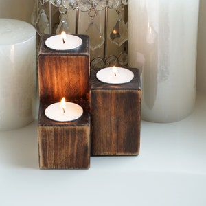 Rustic Wooden Tea Light Candle Holder - Rustic Minimalist Style - Candles Included