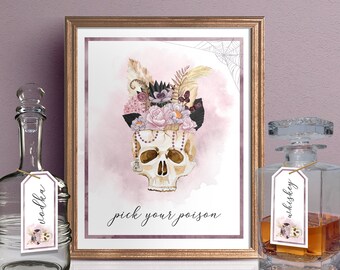 Letrero de barra de Halloween / Elija su letrero de veneno / Kit de barra imprimible / Etiquetas de decantador / Bonitas decoraciones de Halloween / Boho Halloween / HP22