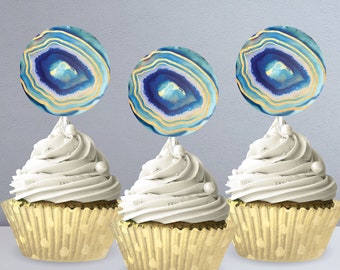 Toppers de cupcakes de geoda azul / Ella es una joya / Toppers de cupcakes de ágata / Decoración de bodas de geodas / Toppers de geodas / Toppers de cupcakes de piedras preciosas / GP19