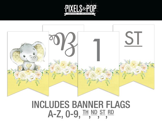 Custom Banner A Z Yellow Elephant And Flowers Gender Neutral Custom Banner A Z Yellow Elephant And Flowers Gender Neutral