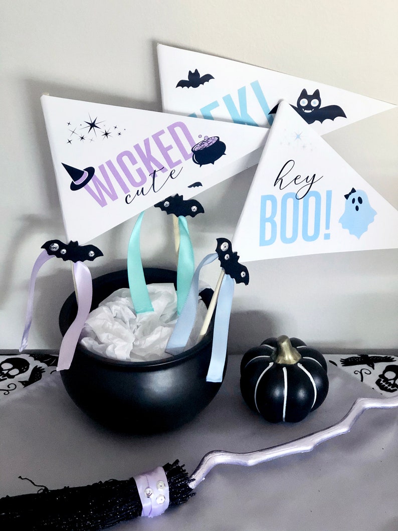 Halloween Pennant Flag Banners / Halloween Party Wand / Cute Halloween Favors / Halloween Party Favor / Hey Boo / Wicked Cute / Eek / HP19 image 3