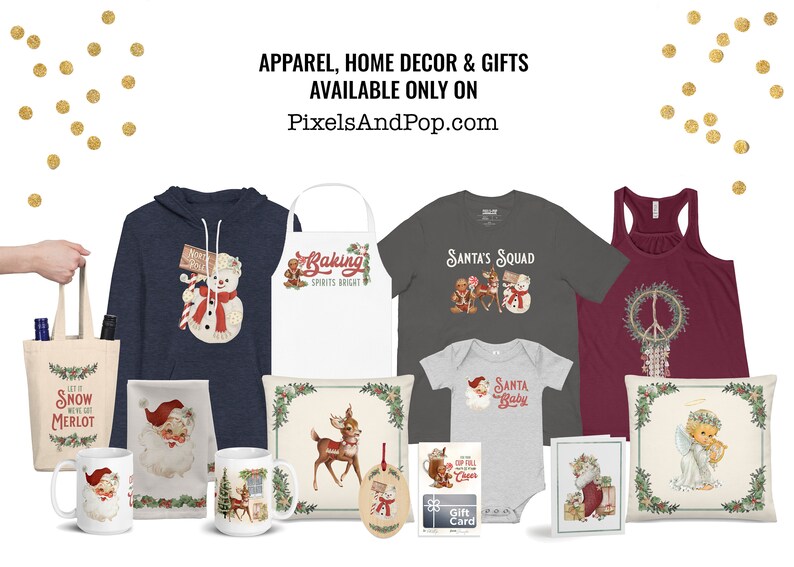 Pu&ograve; includere: Una collezione di abbigliamento, arredamento per la casa e regali a tema natalizio. Gli articoli includono una felpa con cappuccio blu navy con una grafica di pupazzo di neve, un grembiule bianco con il testo "Baking Spirits Bright", una maglietta grigia con il testo "Santa's Squad", una canotta rossa con una grafica di segno di pace, una tazza bianca con una grafica di Babbo Natale, un cuscino bianco con una grafica di cervo, una tutina grigia con il testo "Santa Baby", una borsa di tela bianca con il testo "Let it Snow We've got Merlot", una carta regalo bianca con il testo "Gift Card" e una carta bianca con una grafica di angelo.