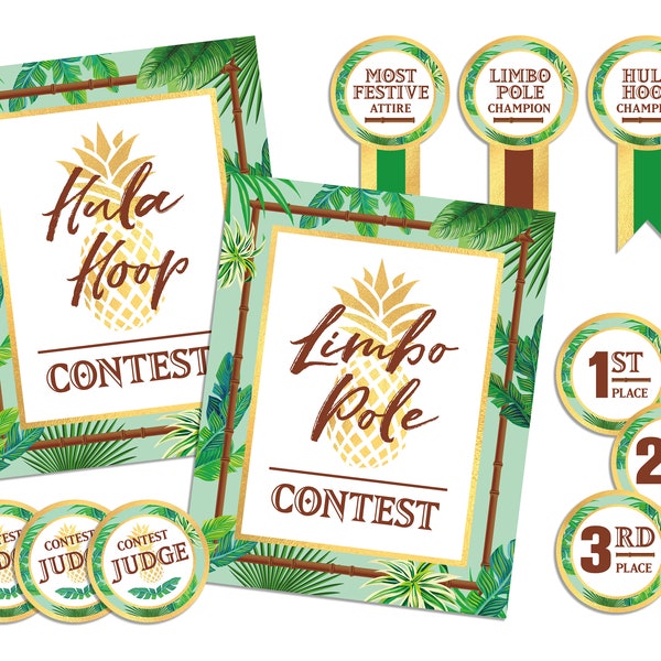 Hawaiian Luau Party Contest Pack / Hula Hoop Contest Awards / Luau Party Contest Signs / Limbo Contest Awards / Judge Badges / LP18