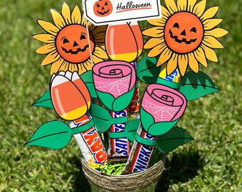 Ramo de dulces de Halloween DIY: Adornos de rosas y hojas imprimibles (Descarga PDF)
