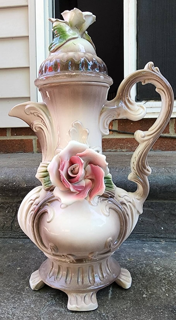 R，CAPODIMONTE  ITALY ポット Vintage Italian Capodimonte Pitcher Vase Floral Pink Roses