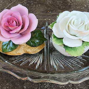 Antique Jeanette Depression Glass Dish w/Royal Aderly Porcelain Flowers.