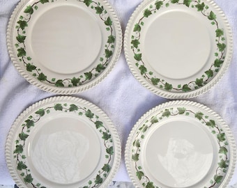 Vintage Harker Pottery Set 4 Dinner Plates Royal Gadroon Ivy Pattern Fluted Edge