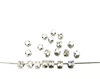 4mm Square Swarovski Crystal Montees, Silver Plated Setting