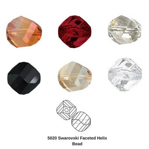 May include: Assortment of faceted Swarovski Helix beads in various colors, including orange, red, clear, black, and champagne. The beads are square-shaped with multiple facets, reflecting light. The image also includes a diagram of the bead design.