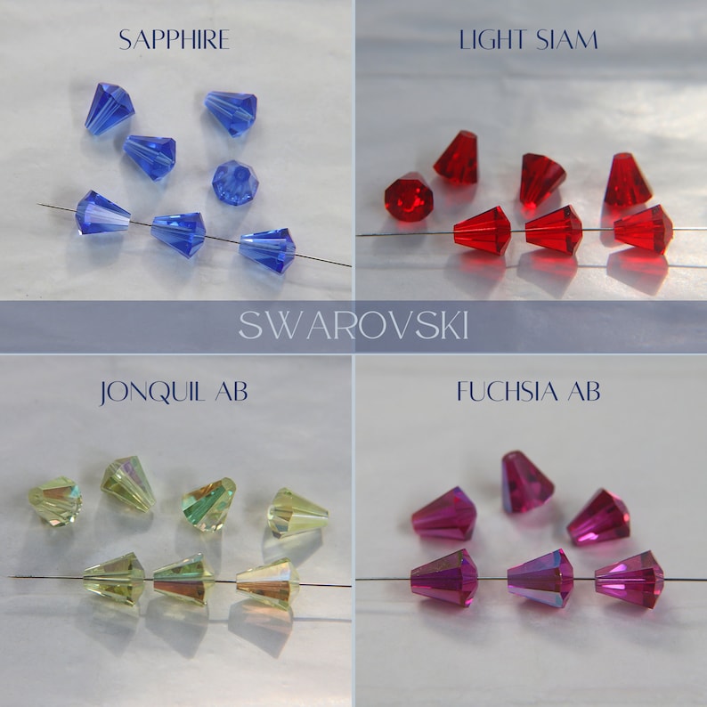 Op de afbeelding: Assortiment van Swarovski kristallen kralen in verschillende kleuren, waaronder saffier, licht siam, jonquille AB en fuchsia AB. De kralen zijn gerangschikt op een wit oppervlak met het Swarovski-logo zichtbaar.