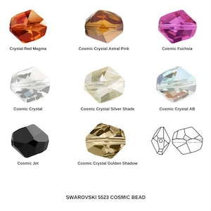 Peut inclure: Une variété de couleurs de perles cosmiques Swarovski 5523, y compris Crystal Red Magma, Cosmic Crystal Astral Pink, Cosmic Fuchsia, Cosmic Crystal, Cosmic Crystal Silver Shade, Cosmic Crystal AB, Cosmic Jet et Cosmic Crystal Golden Shadow.