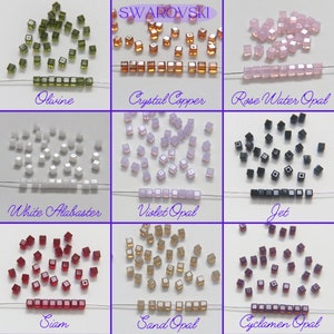 Puede incluir: Un collage de nueve imágenes que muestran diferentes colores de cuentas cuadradas de Swarovski. Los colores incluyen olivino, cobre cristal, ópalo de agua de rosas, alabastro blanco, ópalo violeta, azabache, siam, ópalo de arena y ópalo ciclamen.