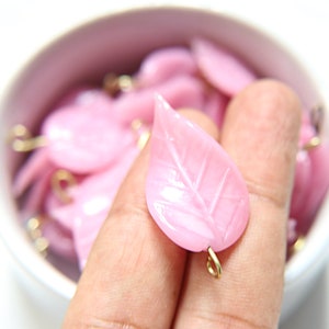 Iridescent Misty Rose Glass Leaf Drop Beads With Embedded Loop 35 x 17 MM Charms 6/30 pieces