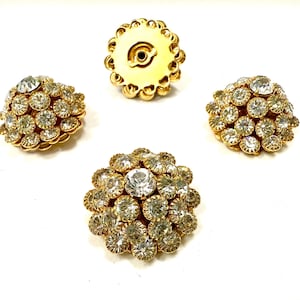 Può includere: Quattro bottoni dorati tempestati di strass. Tre sono a forma di cupola e uno ha il retro piatto. Gli strass trasparenti sono disposti a grappolo. Il bottone con il retro piatto ha un bordo smerlato.