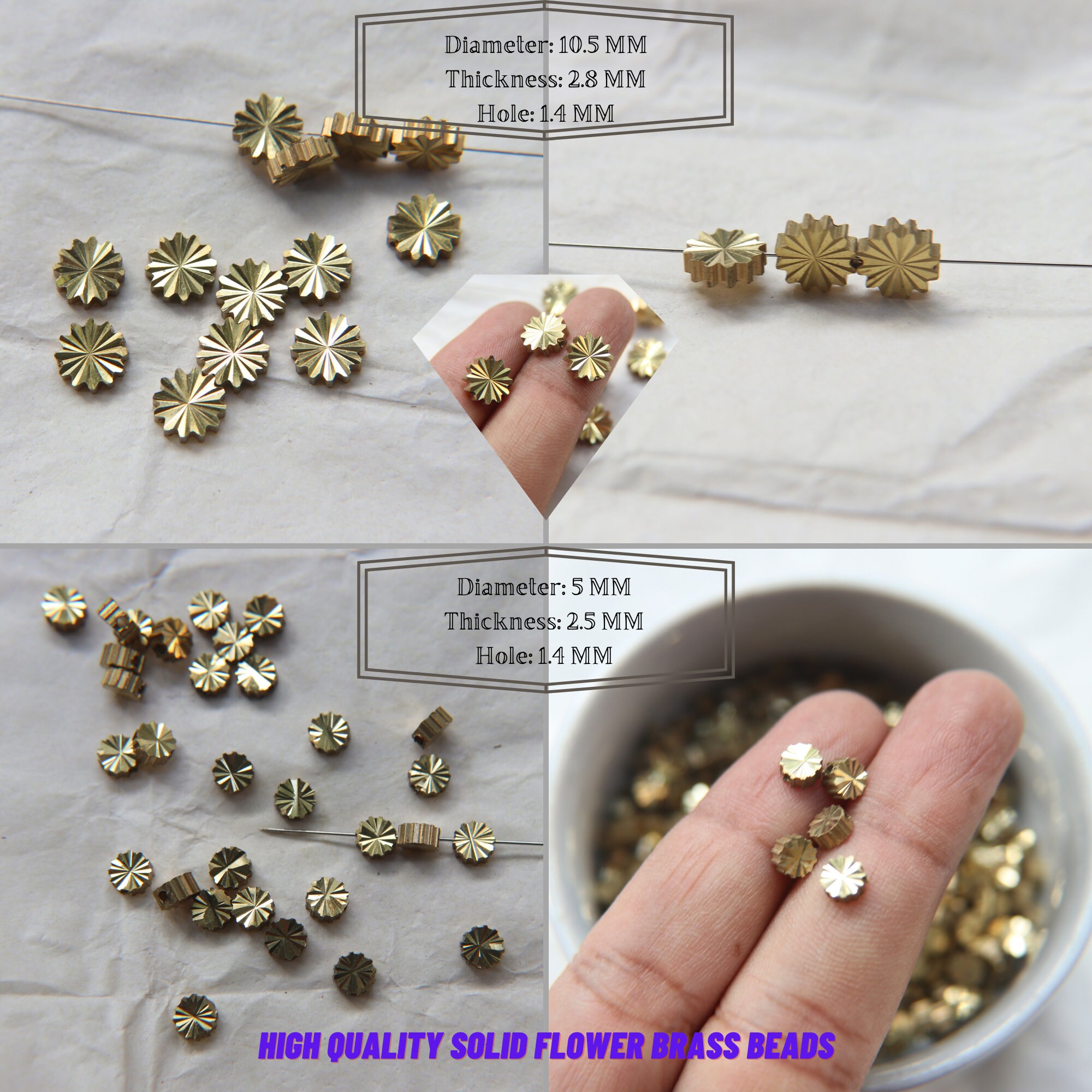 Solid Flower Metal Beads Brass Beads in Brass 10.5mm 5mm 1.4mm