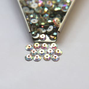May include: A close-up of iridescent, clear, round, flat-backed sequins. The sequins are scattered on a white surface and spilling from a metal container.