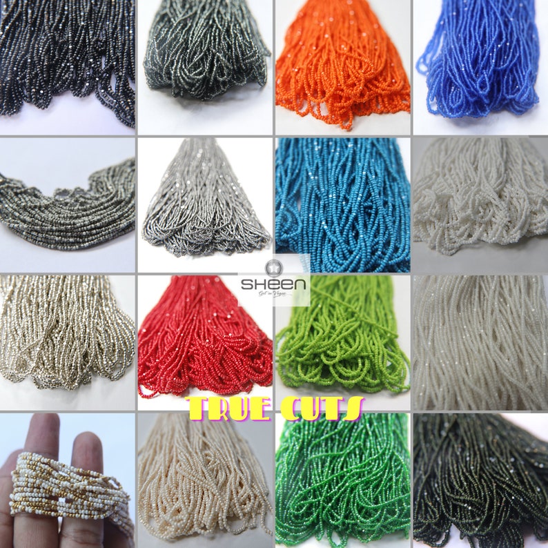 Puede incluir: Surtido de 12 hebras de cuentas de semillas en varios colores, incluyendo plata, negro, blanco, rojo, verde, azul y naranja. Las cuentas est&aacute;n dispuestas en filas y todas son del mismo tama&ntilde;o. Las cuentas est&aacute;n etiquetadas como "True Cuts" y "Sheen Get In Style".