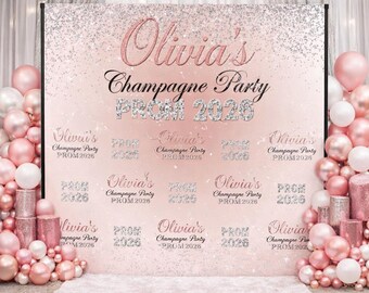 Rose Gold Prom photo Backdrop, Champagne party backdrop, Prom send off step and repeat 2026 Prom banner prom photo booth, Prom Decorations