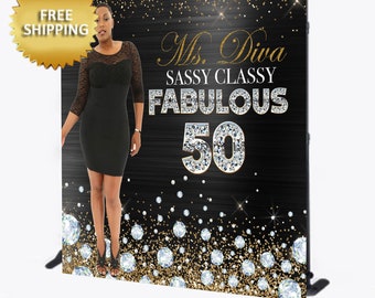 Birthday backdrop, sweet 16 backdrop, 50th birthday backdrop, 50th birthday step and repeat,photo birthday backdrop, black and gold backdrop