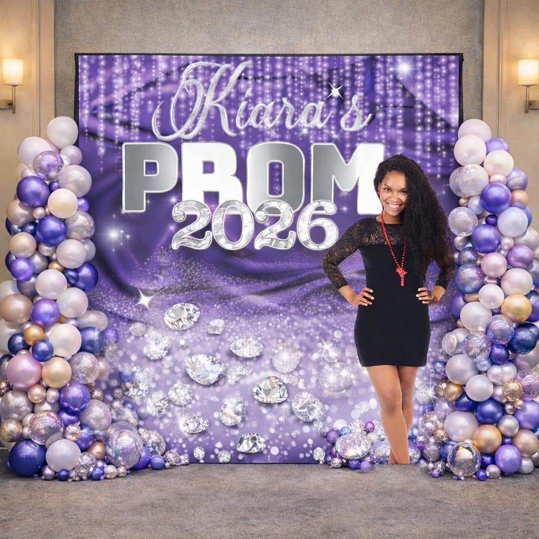 Prom Step Off Custom Prom Backdrop, Purple and Silver Step Repeat, Champagne Party ...