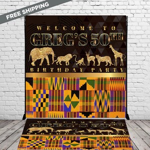 May include: A black and gold birthday party backdrop with the text "Welcome to Greg's 50th Birthday Party". The backdrop features a patterned design with gold animal silhouettes, including an elephant, lion, monkey, deer, and giraffe.
