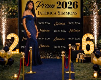 Custom Prom Photo Backdrop, 2026 Prom Send Off Banner, Graduation Step and Repeat, Prom Decor Ideas, Black and Gold Prom backdrop design