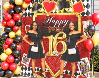 Sweet 16 Photo Backdrop, Sweet 16 Step and Repeat, Queen of hearts banner, Cards photo backdrop, Sweet 16 printed backdrop, Casino backdrop