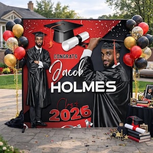 Graduation Photo Backdrop Graduation Step and Repeat Class of 2026 backdrop Senior Graduation Banner Trunk Party Backdrop Red and black sign