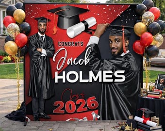 Graduation Photo Backdrop Graduation Step and Repeat Class of 2026 backdrop Senior Graduation Banner Trunk Party Backdrop Red and black sign
