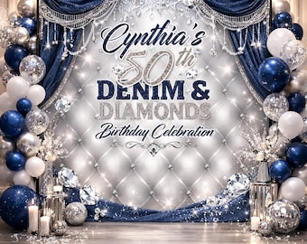 Custom Denim and Diamonds Photo Backdrop Denim Step and Repeat 50th Birthday Backdrop Sweet 16 backdrop Personalized Custom printed sign