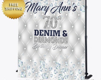 Denim and Diamonds Step and Repeat 70th Birthday  Sweet 16 backdrop Denim and Diamonds Backdrop Birthday Backdrop Step and Repeat