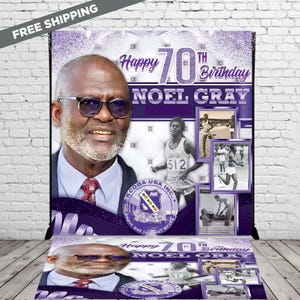 May include: Purple and white birthday backdrop with a photo of a man and the text "Happy 70th Birthday Noel Gray".