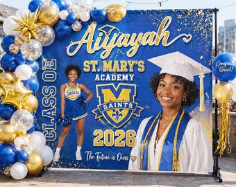 Blue and Gold Graduation backdrop, Grad Step and Repeat, Class of 2026 Grad Photo Banner, Graduation Photo Board, welcome sign Grad decal