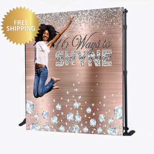 Custom photo birthday backdrop, sweet 16 backdrop, birthday backdrop, sweet 16 step and repeat, rose gold backdrop, diamonds