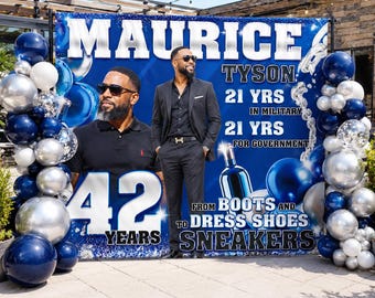 Custom Photo backdrop Blue and Silver step and Repeat Retirement Banner Birthday Welcome Sign Sneaker Ball Backdrop 50th Birthday Sign