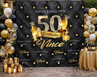 50th Birthday backdrop  Custom Photo Backdrop Birthday Banner  Custom backdrop Photo Booth Step and Repeat Backdrop Birthday step and repeat