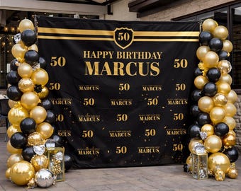 Black and gold backdrop 50th backdrop 40th birthday step and repeat VIP backdrop birthday 30th backdrop custom welcome sign personalized