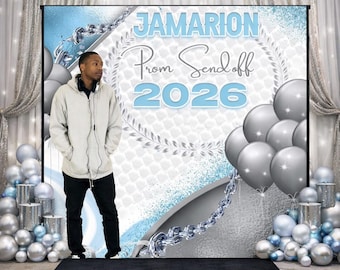 Blue and silver Prom Backdrop, Prom Step and Repeat, Prom Send Off Banner, Champagne Party Sign, Prom Decal, Prom pHoto board