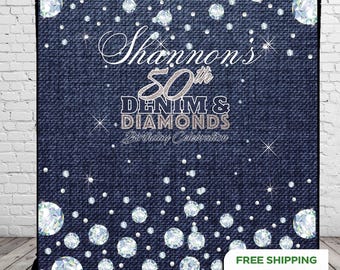 Custom Denim and Diamonds Backdrop Jeans Step and Repeat 50th Party Birthday Backdrop Denim Banner Printed Welcome Sign Diamonds photo sign
