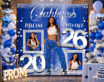 Blue and silver Prom backdrop, Prom Send off backdrop, Send Off step and repeat, Champagne Party Banner Personalized Prom Welcome Sign